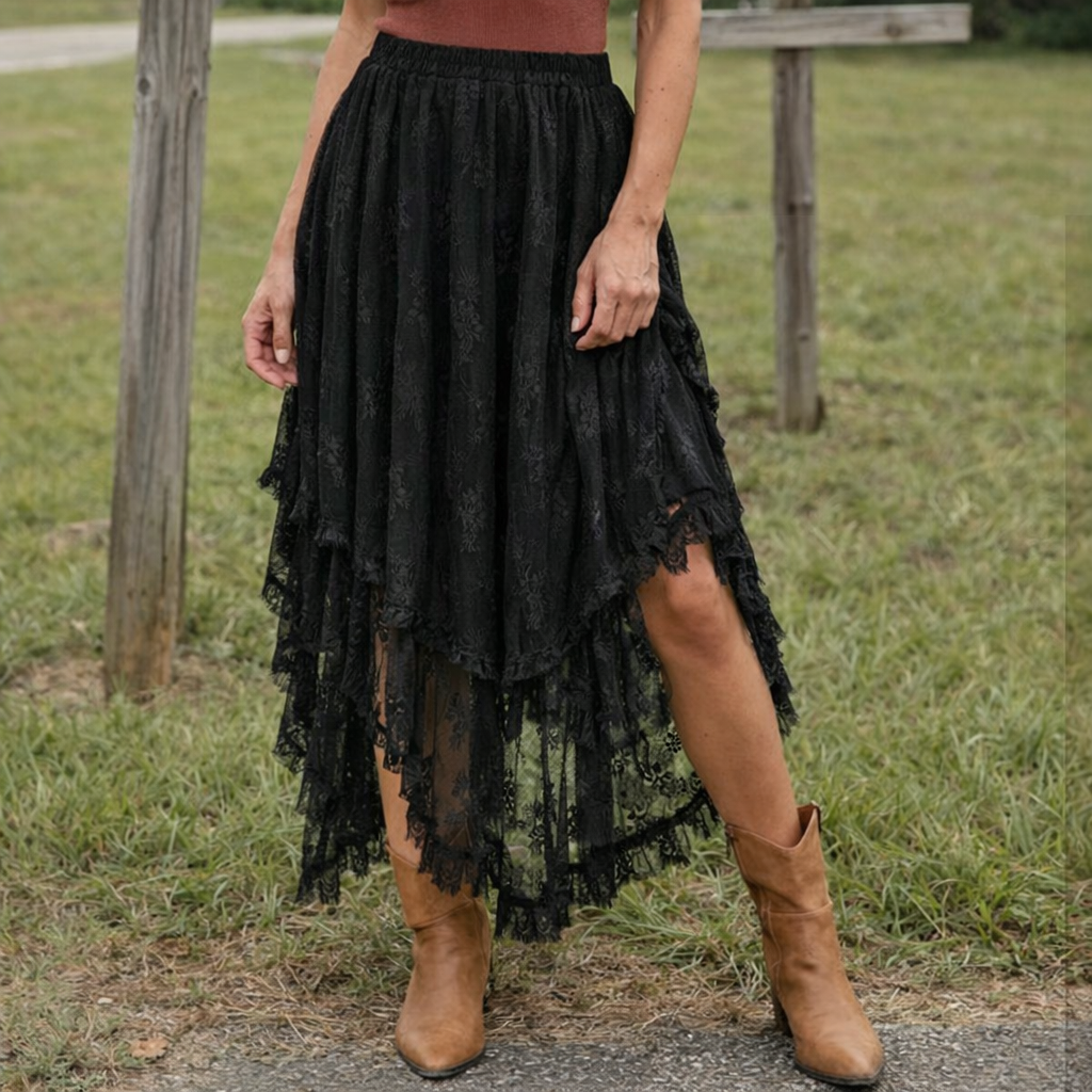 The Meadowveil Tiered Lace Skirt - Black