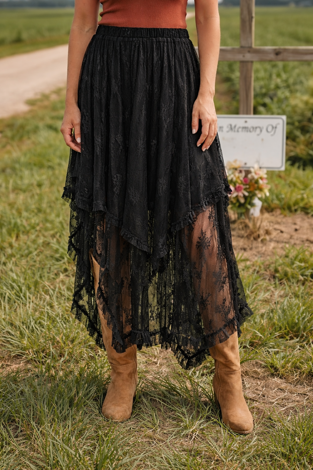 The Meadowveil Tiered Lace Skirt - Black