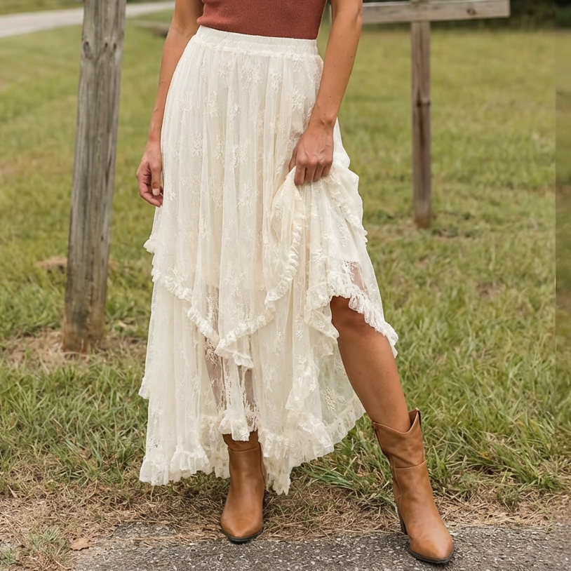 The Meadowveil Tiered Lace Skirt - White