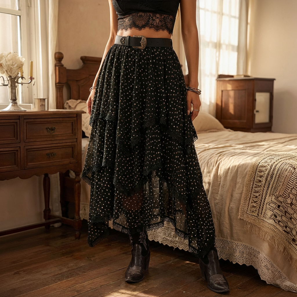 The Nightfall Tiered Lace Skirt